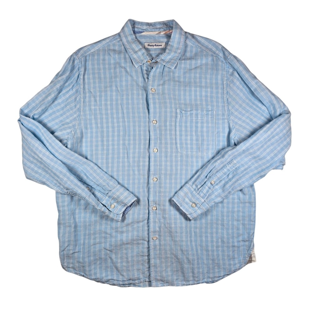 Tommy Bahama Blue Sand Plaid Linen Blend L/S Button Up Casual Shirt Men's Sz L